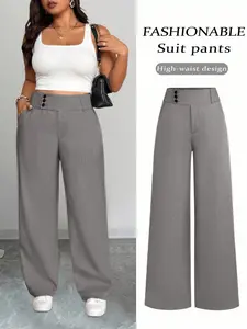 Women's Plus Size Tummy Control High Waist Wide Leg Pants, Essential, Grey Suit Pants Button Detail Office Workwear Business Casual All Season Year Round