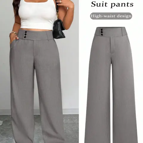 Women's Essential Plus Size Tummy Control High Waist Wide Leg Pants, Fashion Bottoms, Grey Button Detail Office Workwear Business Casual Everyday Long All Season Year Round