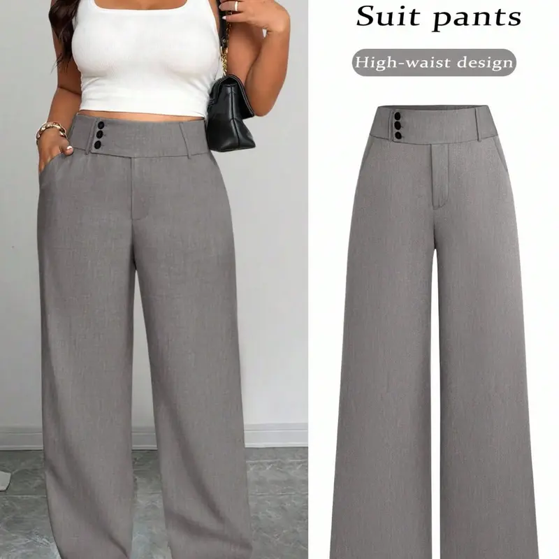 Women's Essential Plus Size Tummy Control High Waist Wide Leg Pants, Fashion Bottoms, Grey Button Detail Office Workwear Business Casual Everyday Long All Season Year Round