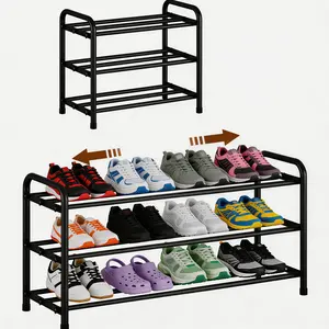 Expandable 3-Tier Shoe Rack, Adjustable Metal Shoe Storage Organizer, No-Tool Assembly, Heavy-Duty Shoe Shelf for Entryway, Closet, Bedroom, Holds 6-12 Pairs of Shoes