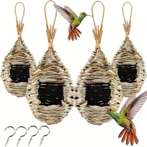 4 Pcs Hummingbird Houses for Outside Hanging Natural Grass Hanging Bird Hut , Hand Woven Hummingbird Nest Large Wren Finch Bird House for Garden Window Outdoor Home Decoration