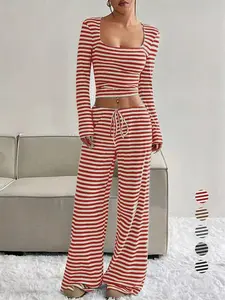 Women's Slouchy Square Neck Stripe Long Sleeve Crop Top & Low-Rise Wide Leg Trousers Co-ord, Minimalist Two Piece Outfits, Cozy Womenswear Striped Wideleg