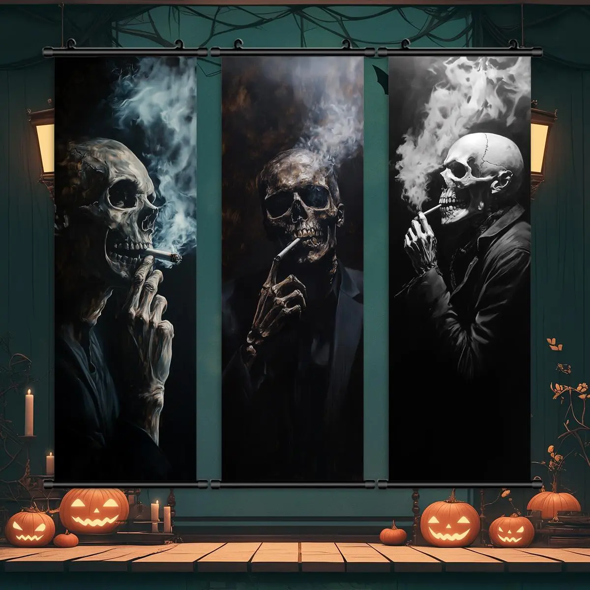 Halloween Themed Hanging Banner, 3 Counts/set Creepy Smoking Skeleton Character Poster, Cool Skeleton Decoration, Wall Art, Wall Hanging Backdrop for Home Living Room Bedroom Decor, Wall Decor Flags
