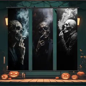 Halloween Themed Hanging Banner, 3 Counts/set Smoking Skeleton Character Poster, Cool Skeleton Decoration, Wall Art, Wall Hanging Backdrop for Home Living Room Bedroom Decor