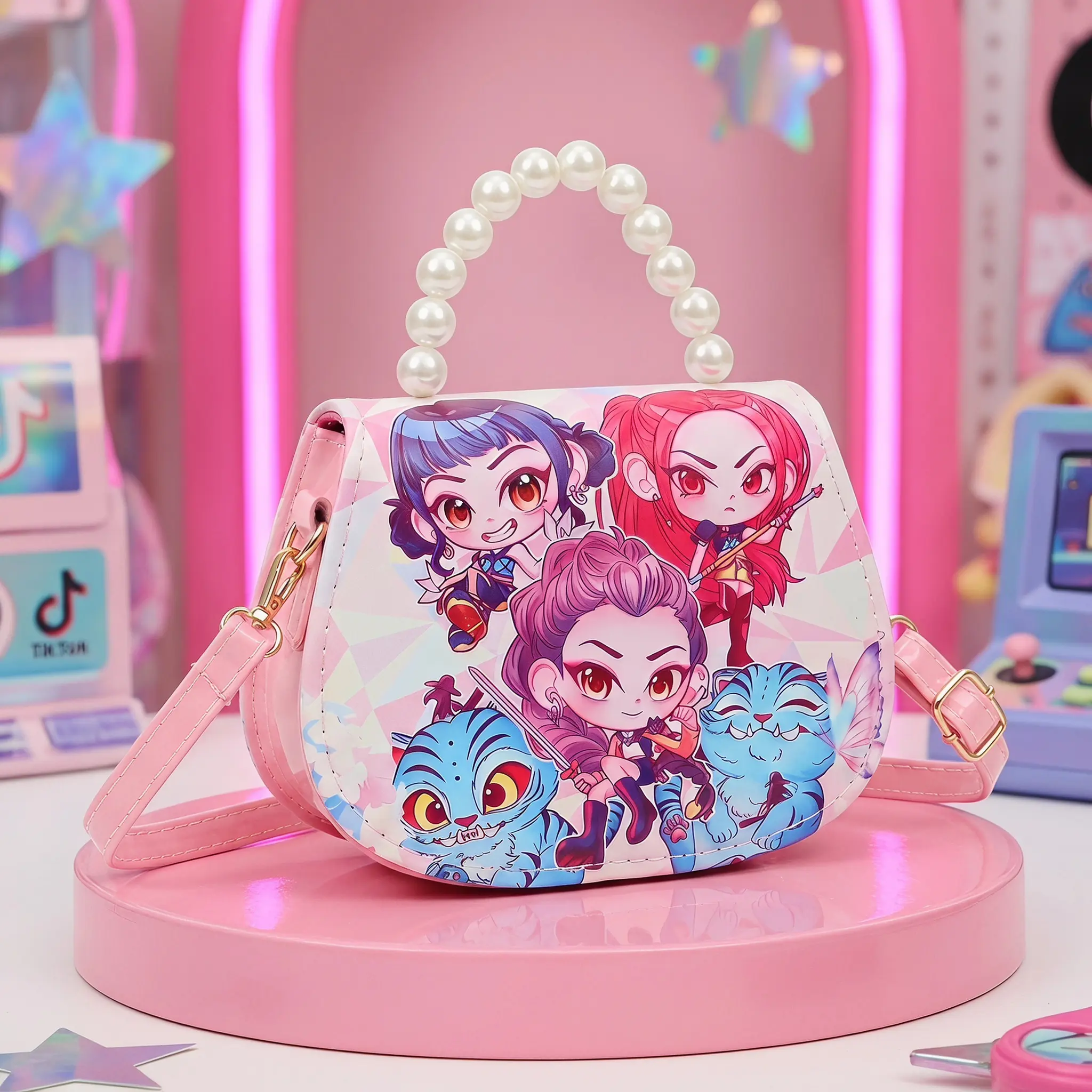 Girls' Cute Pearl-Handle Mini Gym Purse - Cartoon Fun Print, Secure, Comfortable for Children, Lightweight Shoulder Bag to Express Personality, Kids' Birthday Gift (Sports & Outdoor Accessory), Little Girls
