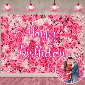 Rose Wall Happy Birthday Backdrop for Women Neon Happy Birthday Banner Spring  Party Rose Flower Photo Backdrop Girls Princess  Shower Wedding Floral Anniversary Decor (70x40 inch (6x4FT))