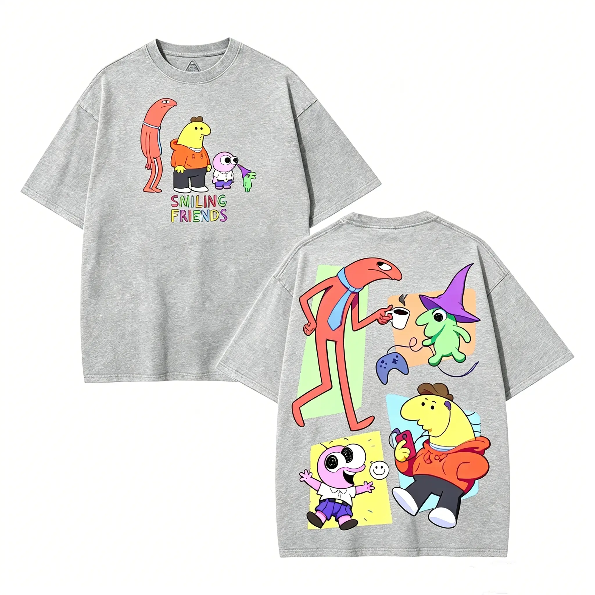 Smiling Friends Washed Cotton Shirt, Smiling Friend Ss3 Shirt, Graphic Tee, Cartoon Double Printed Vintage Washed Tee Cotton T-shirt Fabric Menswear Top Collar