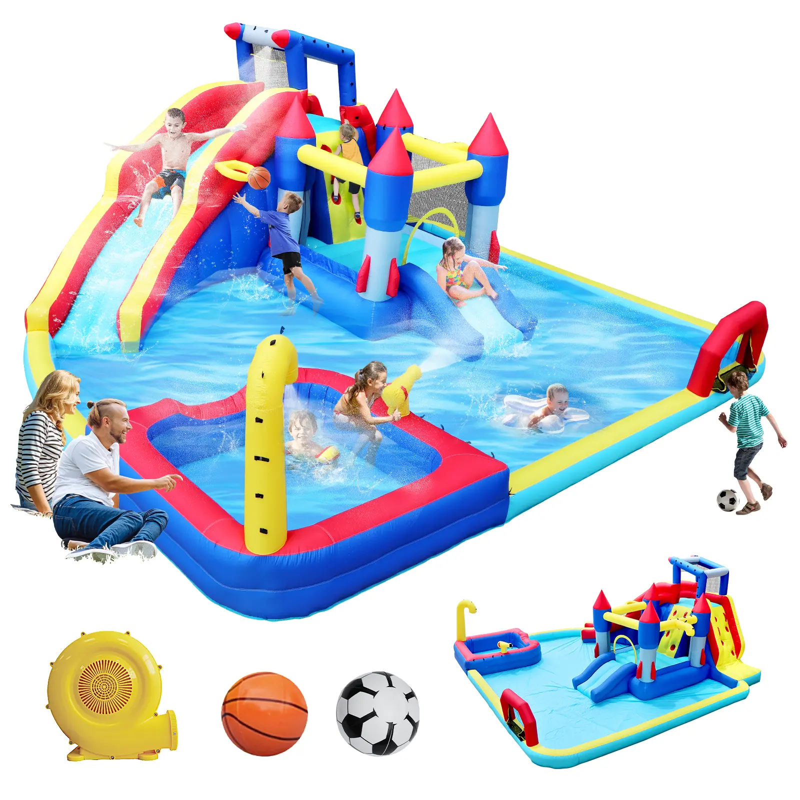 10 IN 1 Inflatable Water Slide Bounce House, Kids Outdoor Inflatable Water Park with Dual Splash Pools, Water Guns, Basketball Hoop, Soccer Game & Climbing Wall for Backyard Lawn