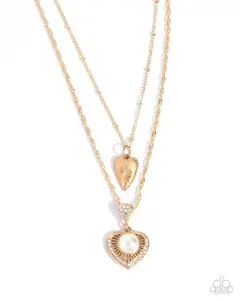 Abstract Affection - Gold Heart White Pearl Layered Short Necklace - Paparazzi