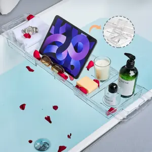 Luxury Foldable Extendable Bathtub Rack, Bathroom Bath Tub Holder, Adjustable Folding Bathtub Tray with Stand, Hands-Free Design