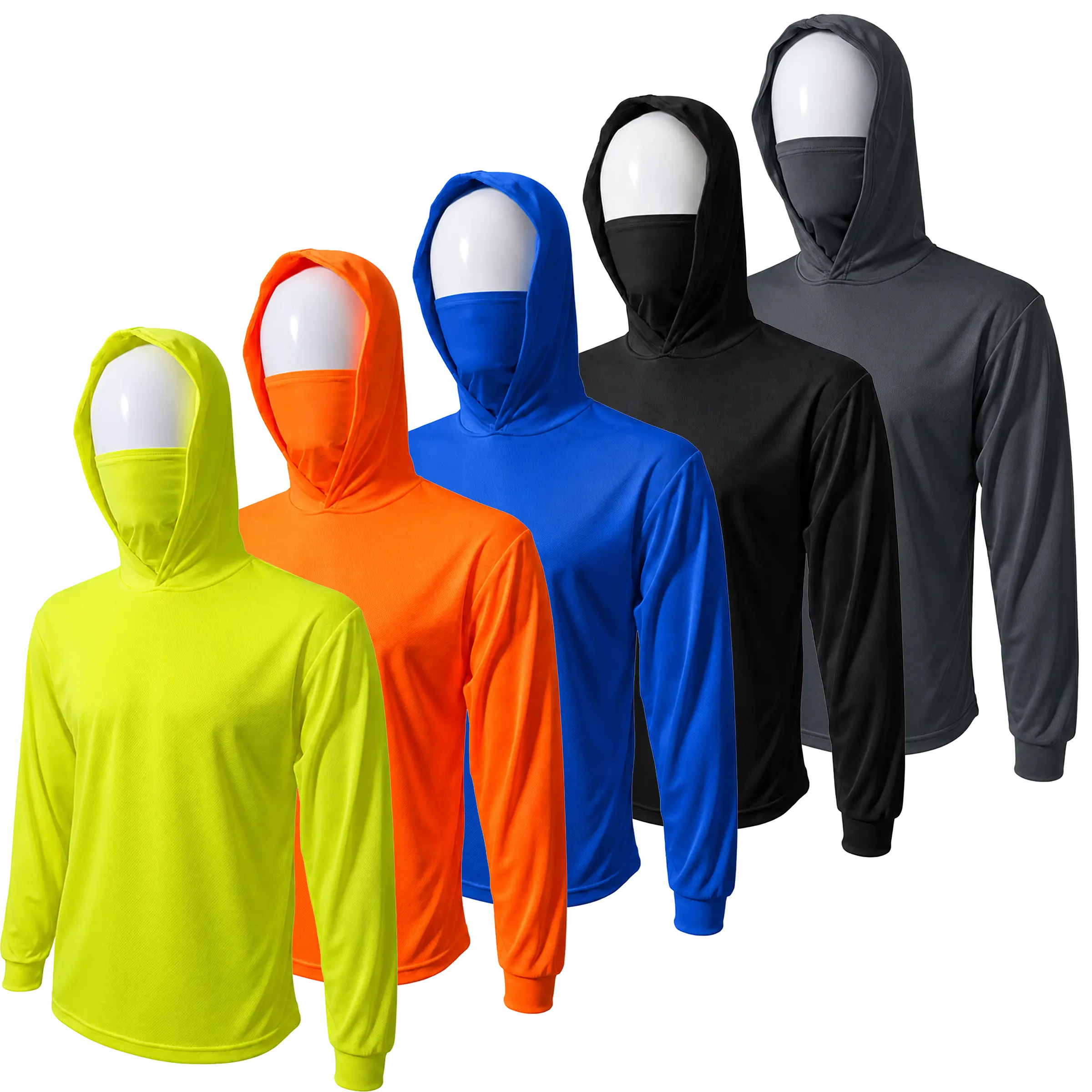 5 PACK - HiVis Quick Dry Hoodie Work Shirt with Built-In Face Cover | Breathable Birdseye Mesh Sun Hoodie Fabric