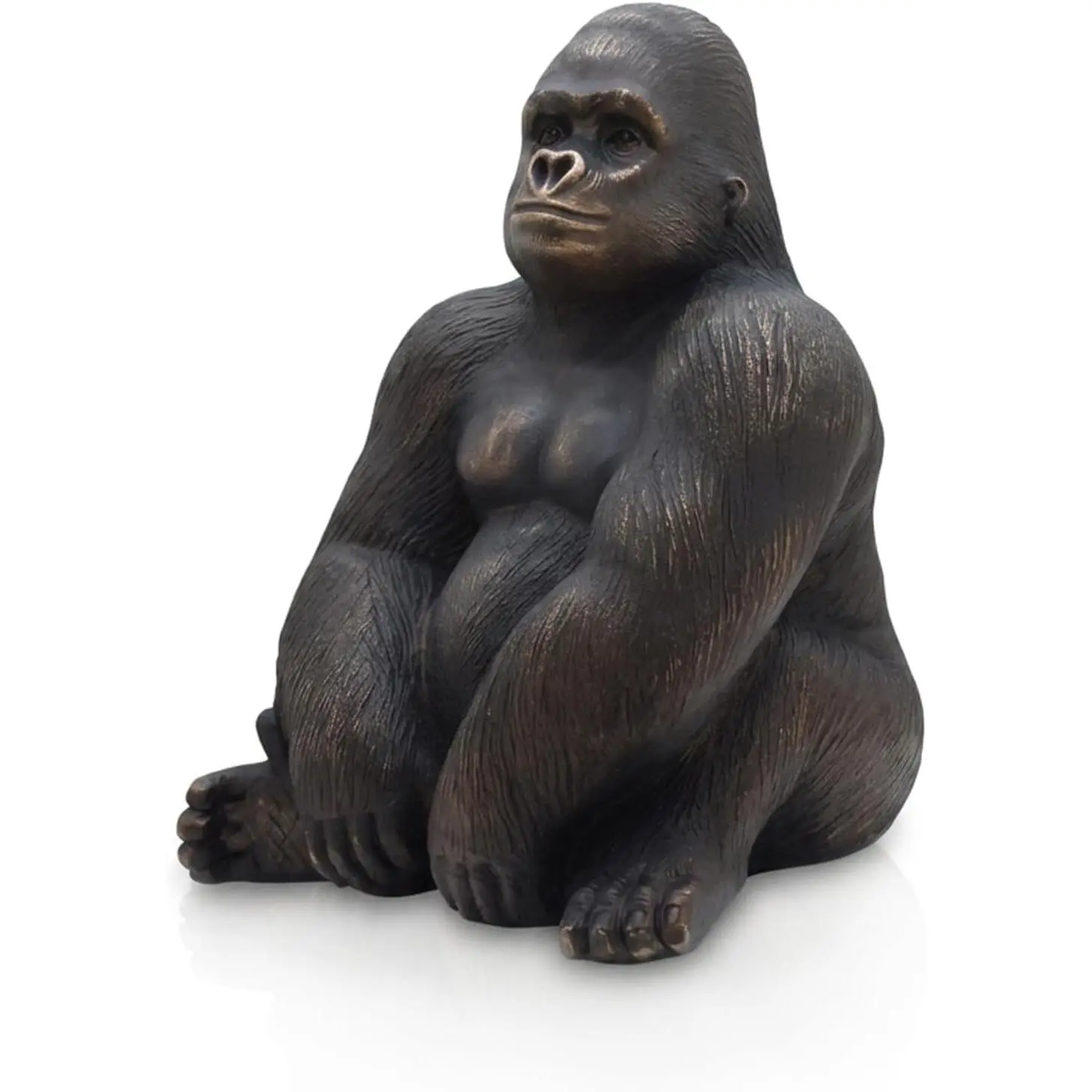 Office Decor Silverback Gorilla Statue Sitting, Black Gold | Hand-painted resin figure, 8 to 9 inches tall with weighted base, sits steady on shelf, mantel, or display stand.