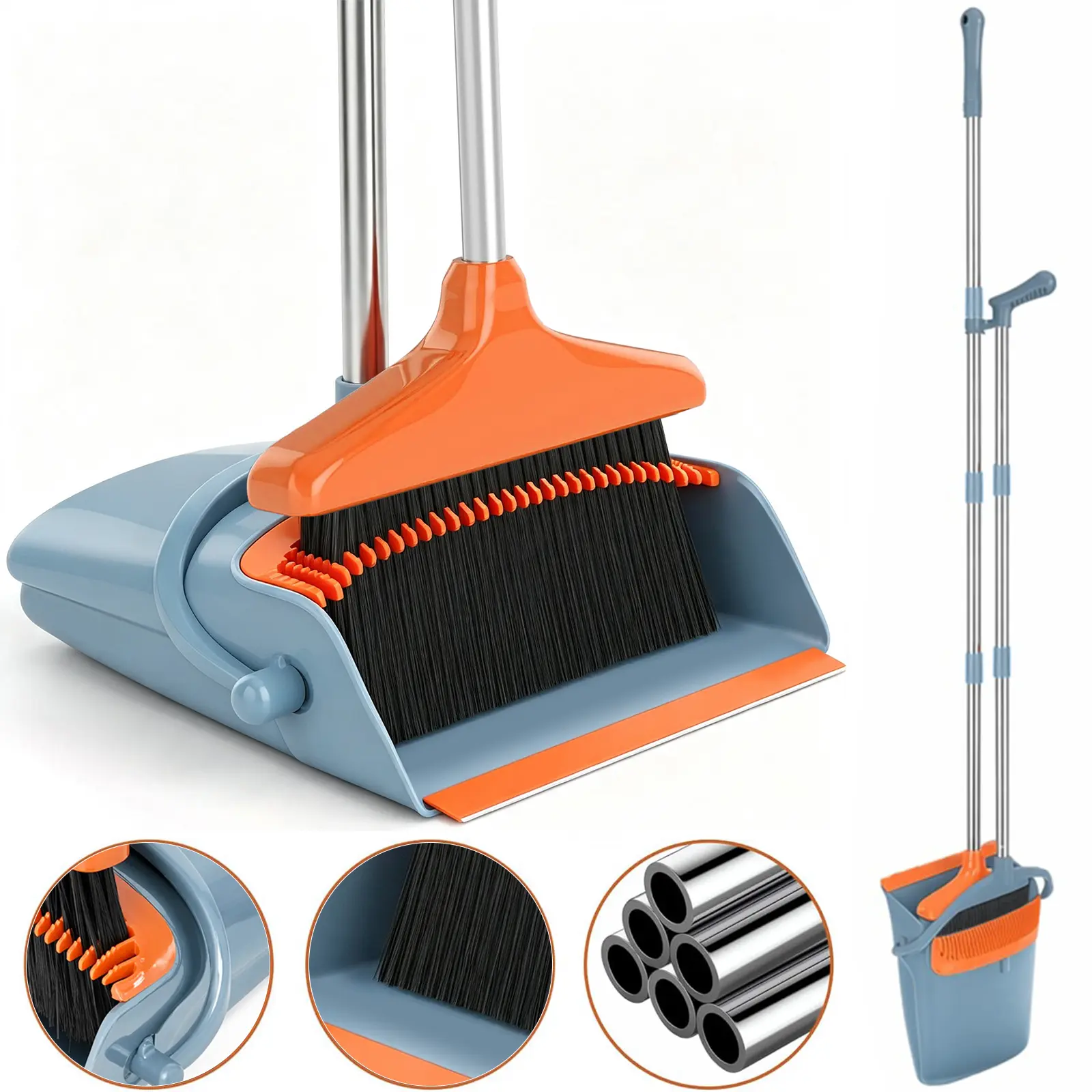 Stainless Steel Handle Broom And Dustpan Set High Density Soft Bristles Sweeping Kit Household Pet Hair Cleaning Broom Foldable Storage Cleaning Tools
