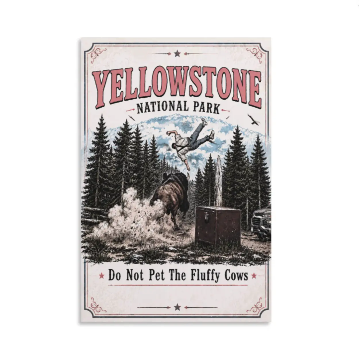 Yellowstone National Park Vintage Nature Poster - Unframed Retro Funny Bison Travel Print, Rustic Home Decor for Outdoor Adventure Lovers