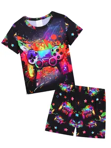 Boys' Short Sleeve Pajama Set, Game Controller Print, Casual Comfortable Summer Sleepwear, Fitted H-Type Design, All over Print
