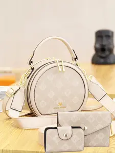 Women's Fashionable Geometric Pattern Round Crossbody Bag & Wallet & Pouch Set, Casual Versatile Pu Leather Bag Set, Trendy High-quality Daily Commuting Bag Set