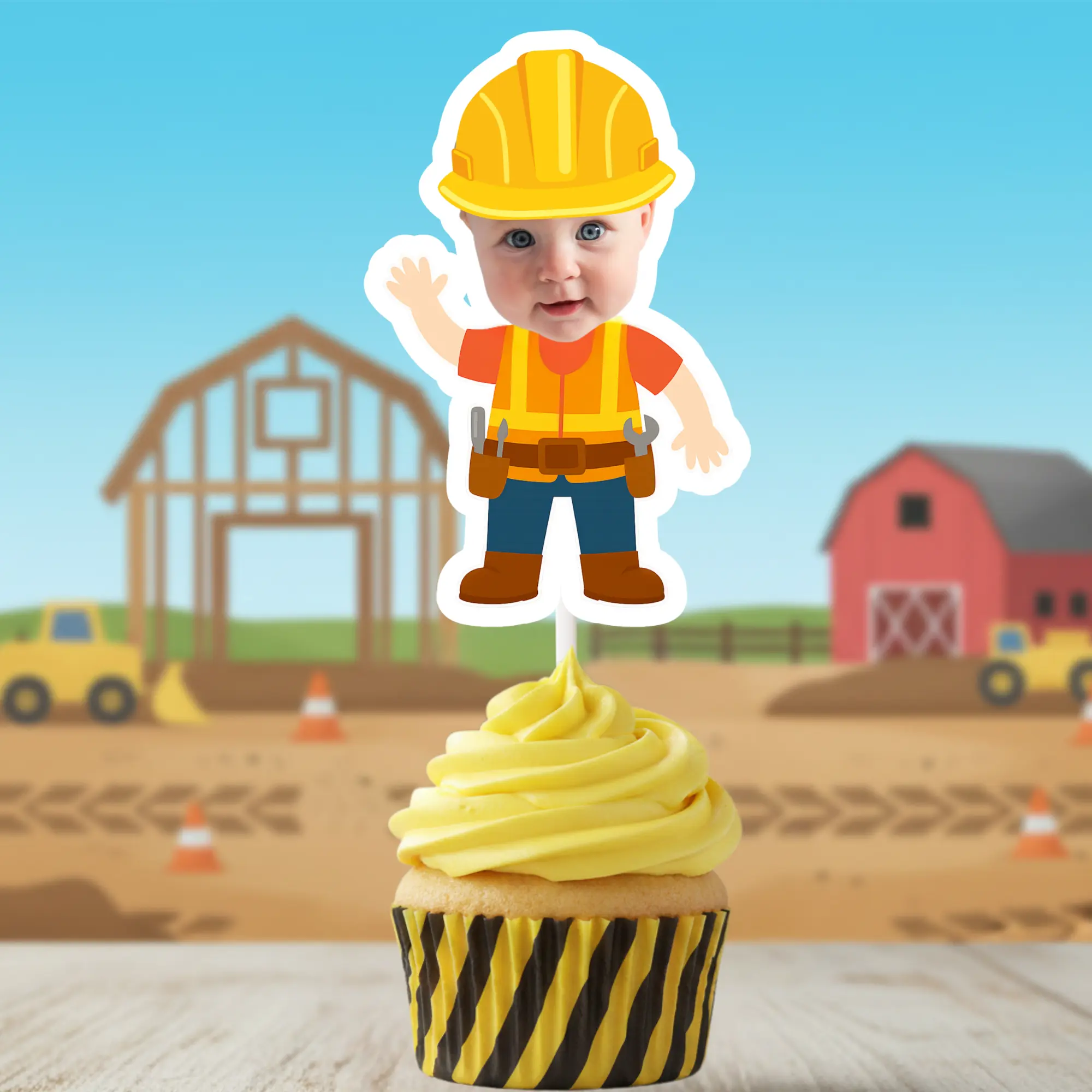 Construction Worker Photo Cupcake Toppers – Builder Birthday Party Decor