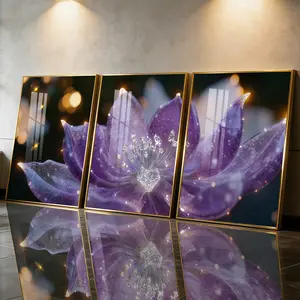 3Pcs Aluminum Alloy Framed Painting, Glowing Purple Lotus With Fireflies Picture, Home Decoration For Living Room, Bedroom, OfficeWall Decor, Odorless Print Artwork, Luxury Perfect Gift For Friends And Family