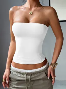 Women's Solid strapless Yoga Top Slim-Fit Crop Top, Comfort Stretchy Fabric, Edgy sporty Style, For Daily Commute & Vacation Looks, Ladies Clothes for Daily Wear，Womenswear, Sexy strapless, gym sets,yoga