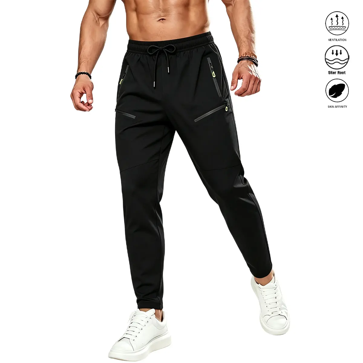 JOGWAVE Men’s Premium Polyester Blend Quick-Dry Athletic Street Pants - Drawstring Elastic Waist, Zip Pockets, Breathable Performance Design, Cool Feel, Autumn Casual Long Solid Trousers