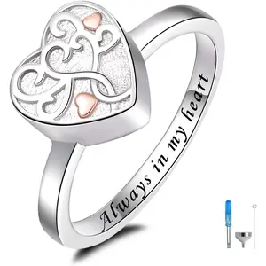 925 Sterling Silver Heart Tree of Life Cremation Urn Ring Memorial Keepsake Jewelry for Women to Hold Loved Ones