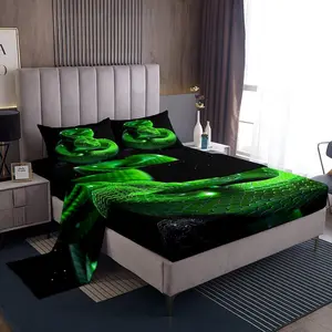 3D Snake Kids Sheet,Exotic Reptile Animal Bedding Set,Boys Men Room Decor,Green Snake Jungle Wildlife Rustic Nature Green Black Bed Sheet Set,(Fitted + Flat Sheet)