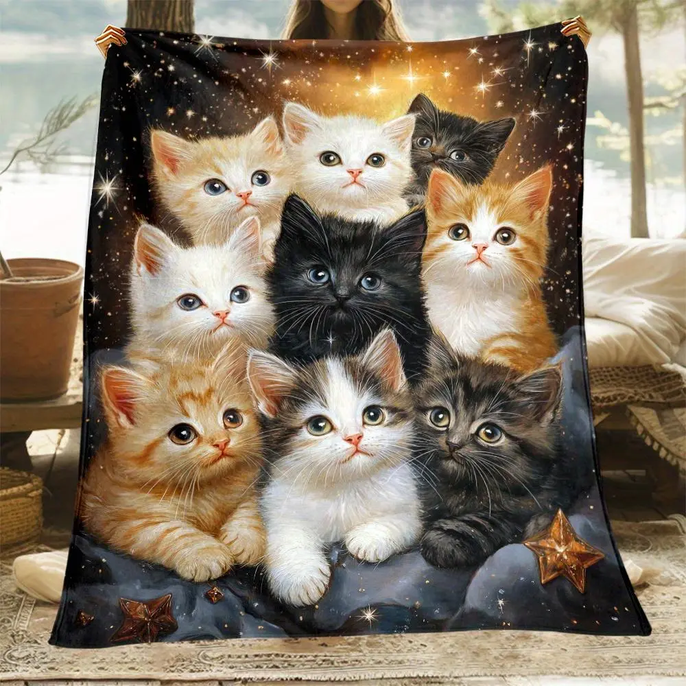 1pc Whisker Wonders Cat Print Flannel Throw Blanket - All-Season, Machine Washable, Polyester Fiber, Lightweight & Warm for Sofa, Bed, Travel, Camping, Living Room - Digital Print, Uncharged, Animal Blankets