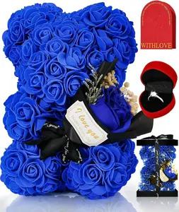 Rose Teddy Bear Gifts for Mom with LED Light Box, Artificial Flowers Forever with Analog Diamond Ring for Birthday and Wife Girlfriend Grandma Women (Drak Blue Bear)