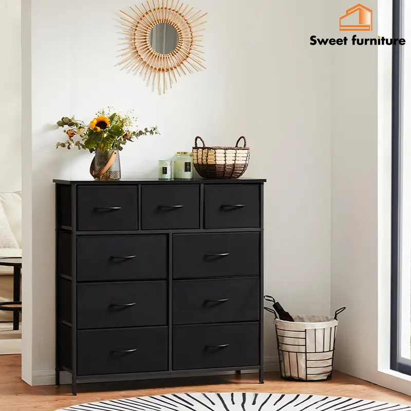 Sweet Furniture S Sturdy Modern Multifunctional Fabric Storage Cabinet with 9 Drawers, Sliding Door, Bins - Large Capacity Tall Chest Organizer for Bedroom Room Storage, Drawers for Bedroom