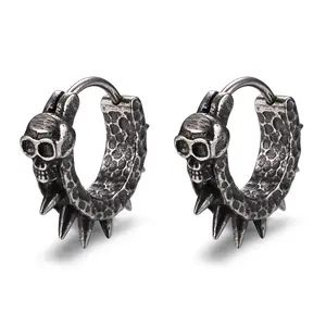 GTHIC Punk Skull and Thorns Earrings Gothic Hoop Huggie Earrings for Men Birthday Gift Stainless Steel