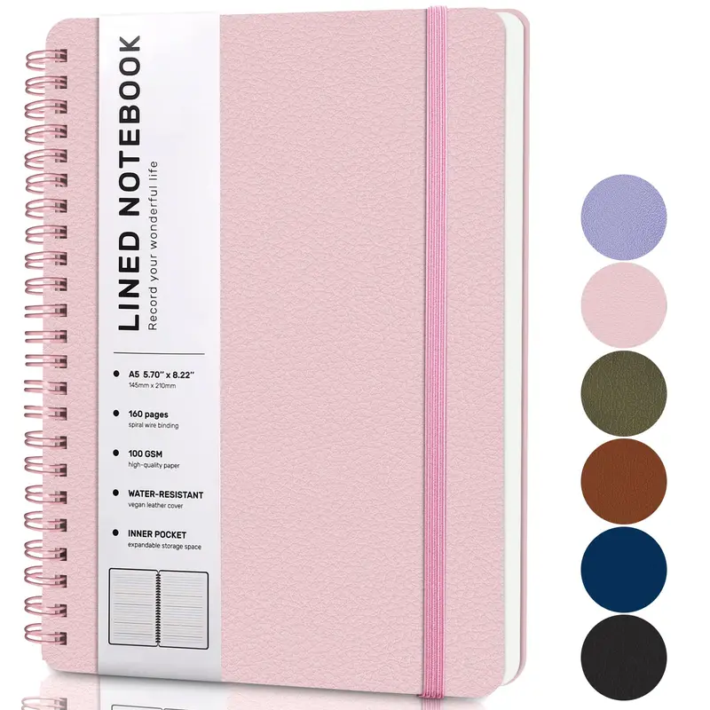 Pink Lined Spiral Journal Notebook with 160 Pages, 8×5.7in, A5 Spiral Notebook, Journaling Notebooks for Work, School, Women, Men, College Ruled Spiral Notebook, Hardcover Leather Journals