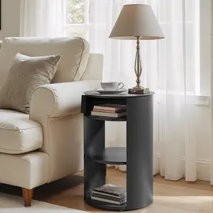 15.35*15.35*24.60 Inch Matte Black Round Metal Side Table, 3-Tier Storage End Table with Sliding Door Cabinet, Powder Coated Iron Frame Pre-Assembled Space Saving Accent Table for Living Room Bedroom Office Nook
