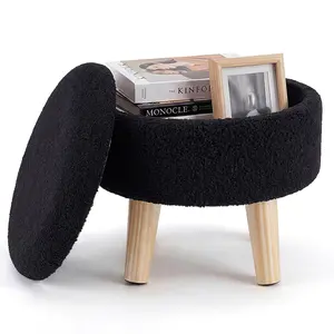 Storage Ottoman Chair, Round Footstool with Hidden Compartment – Soft Teddy Fabric Cushioned Seat, Solid Wood Legs, Use as Extra Seat, Side Table, or Plant Stand for Small Spaces Bedroom Living Room Dorm