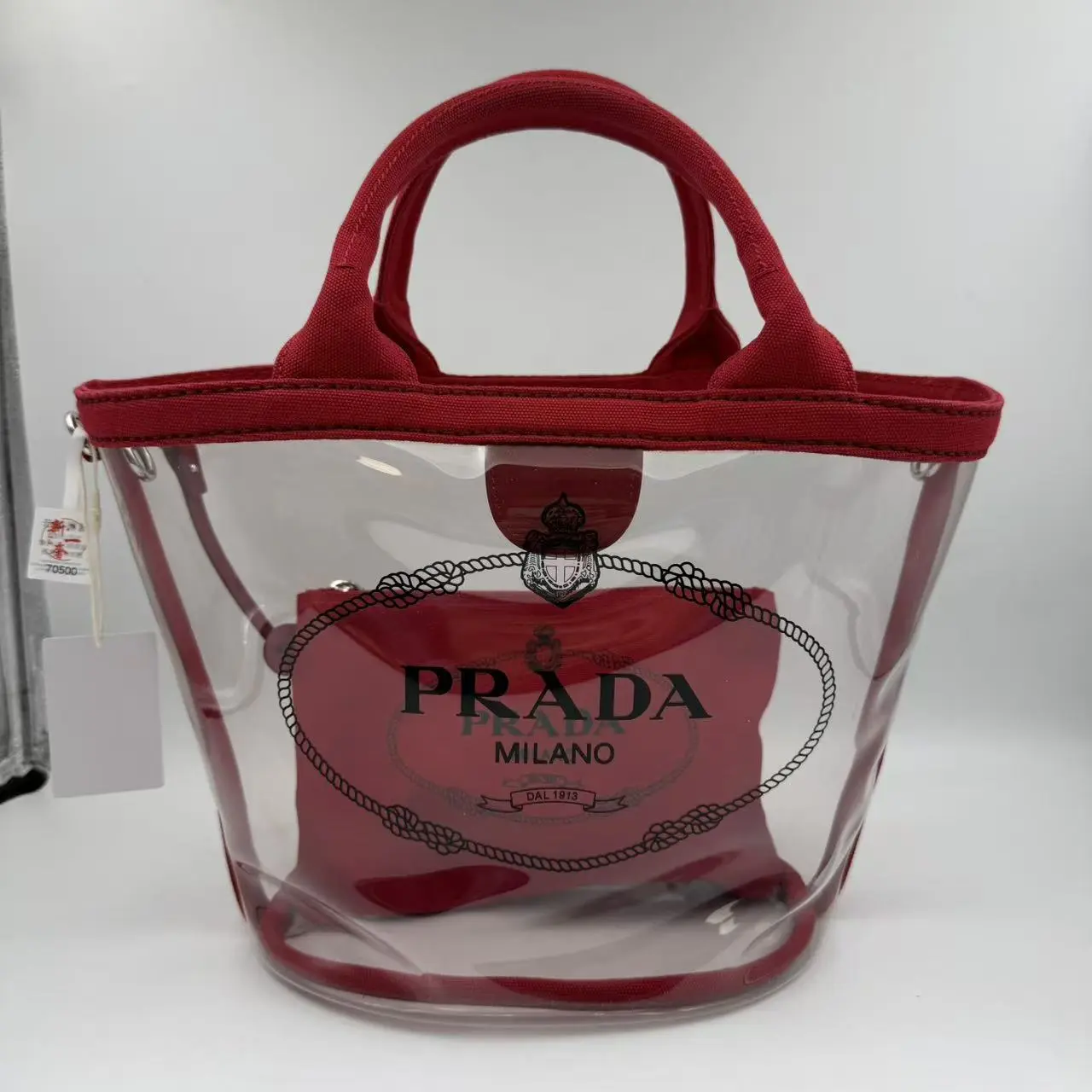 Pre-owned PRADA hz9 Clear PVC Tote Bag Red Canvas Trim With Detachable Pouch 70500