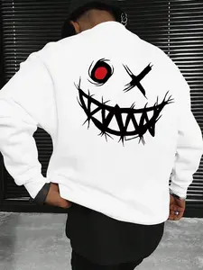 Unisex autumn/winter hoodie, crew neck sweatshirt, smiley face print, relaxed American street style, designer piece.