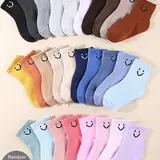 Random 20 Pairs Solid Color Cartoon Smiley Face Sports Socks, Breathable Comfort Casual Style, Unisex Kids Daily Wear, Sports Athletic Socks, Casual Stylish Socks, All Season Socks, Sock Packs