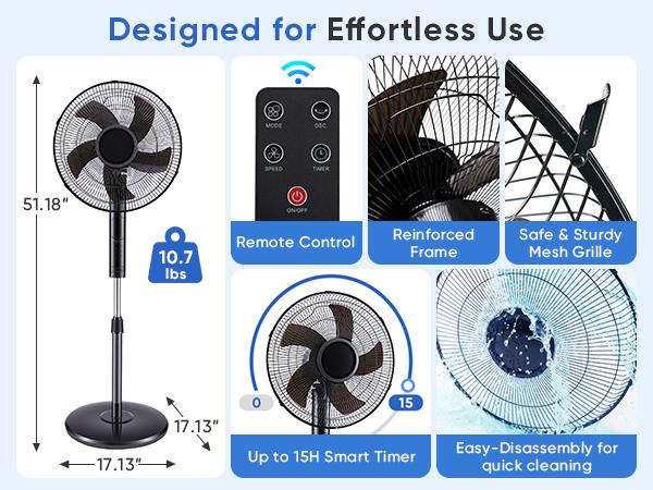 Pedestal Fan with Remote for Bedroom, Living Room, Office, Adjustable Height, 3 Speeds, 3 Modes, Timer, Tilt Head