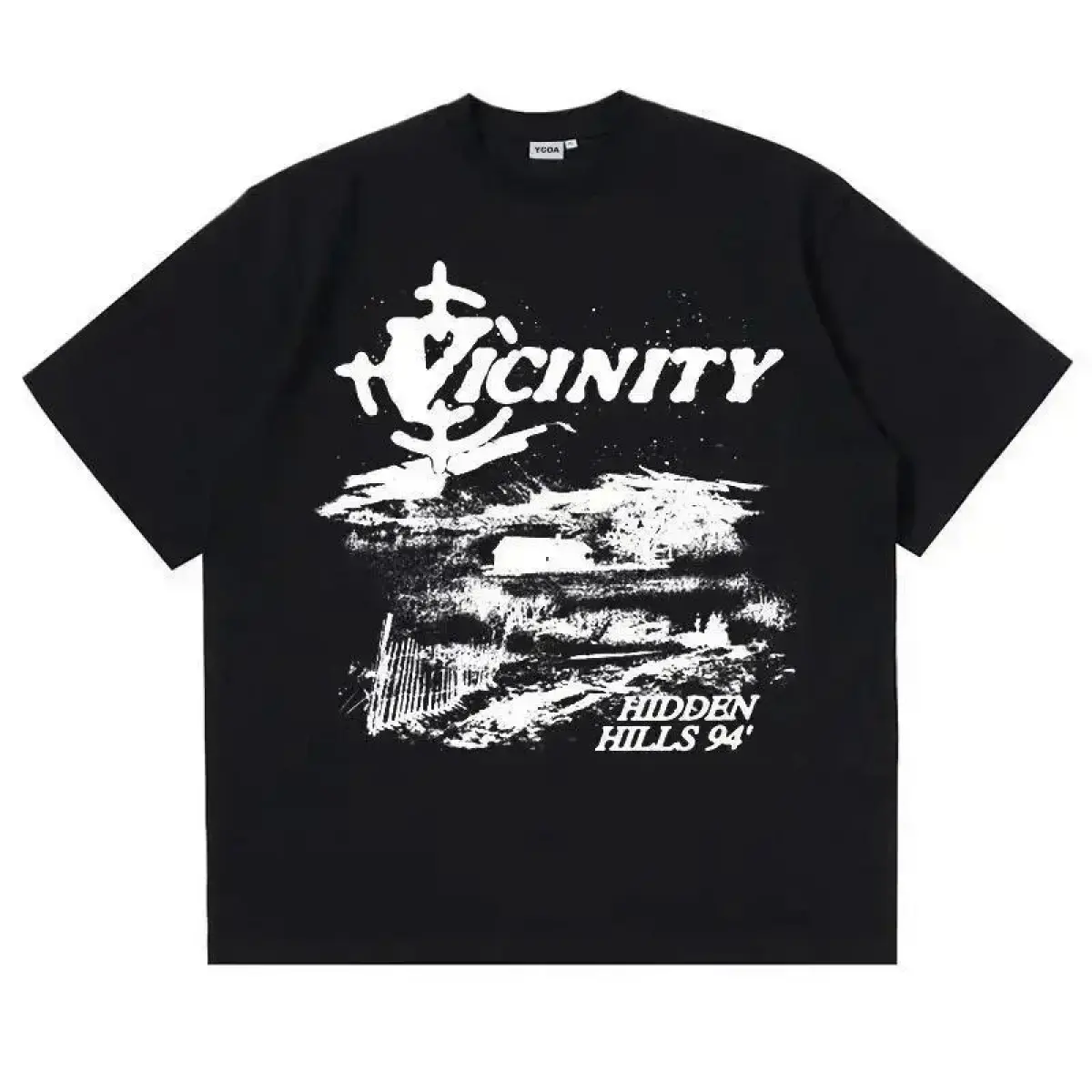 Women's Round Neck Shortsleeve T-Shirt - Black & White Streetwear Essential with 'VICINITY' & Panoramic Print, Regular Length, Soft, Drape, Lightweight, Breathable, Minimalist Casual Top