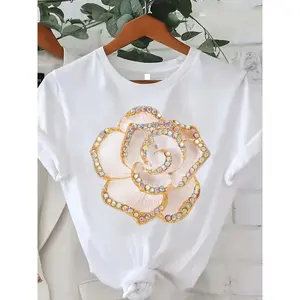 Women'S Elegant Floral T-Shirt |   Soft Pink & Golden Floral Pattern, Breathable, Casual & Party Top, Minimalist Design, Round Neckline, Comfortable Fit, Lightweight, Short Sleeve, Trendy Women'S Tee For Summer Outfits