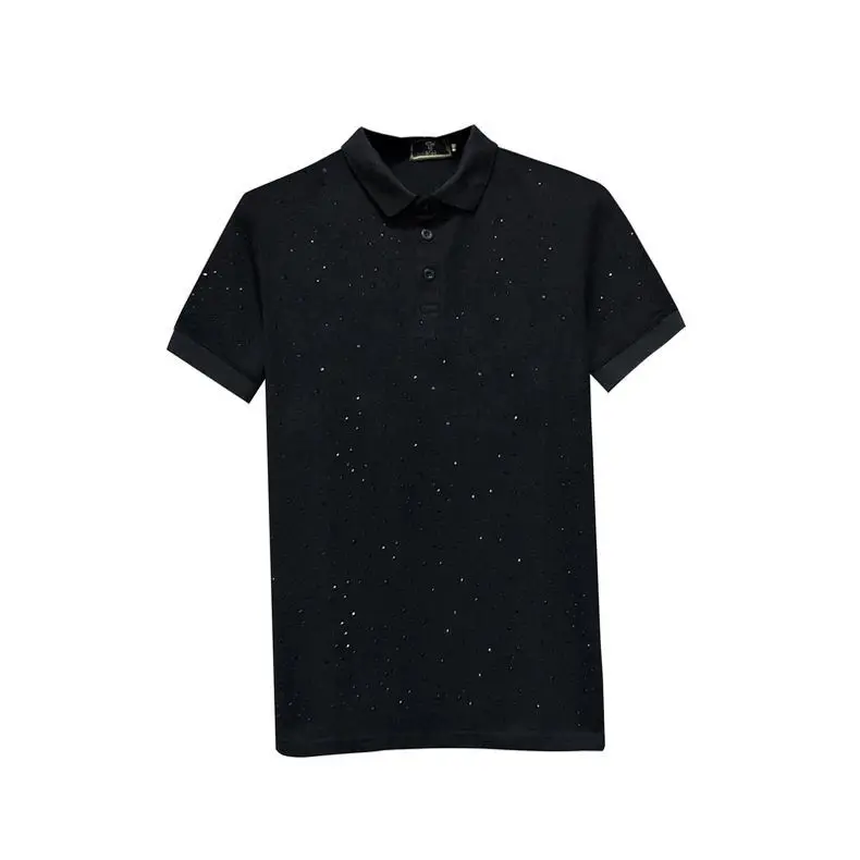 Men's Rhinestone Casual Polo Shirt - Plain Short-Sleeve Zip-Up Top with Turn-Down Collar, Normal Fit Versatile Menswear, Shortsleeve