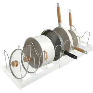 Adjustable Expandable Pot and Pan Organizer for Cabinet 12"-22" Pan Lid Rack with 7 Stainless Steel Dividers ABS White Kitchen Organizer for Pots Lids Cutting Boards