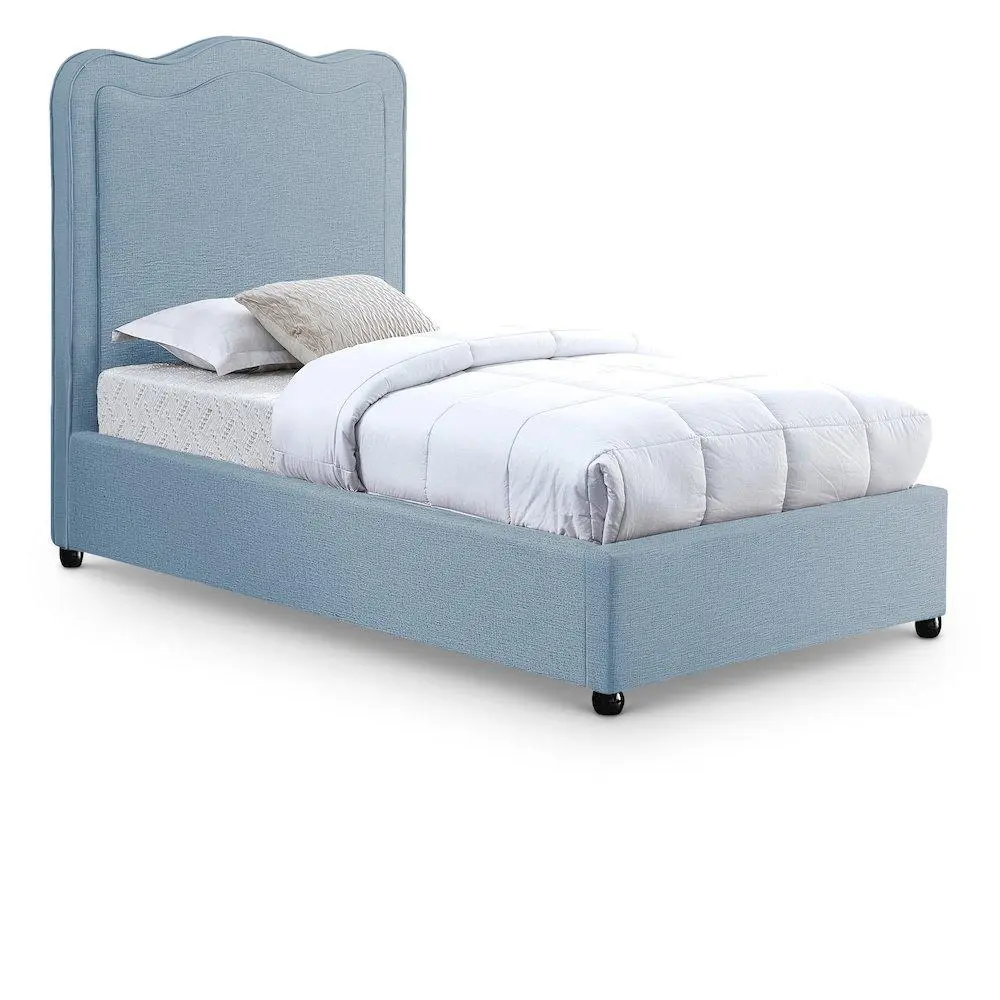 Modern Felix Light Blue Linen Textured Fabric Twin Bed with Padded Head, Rectangular Indoor Furniture