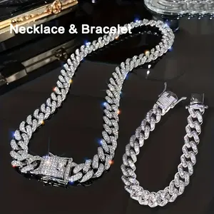 2pcs Necklace & Bracelet Hip Hop Style Jewelry Set Cuban Chain Design With Shining Rhinestone Unisex Jewelry For Men Women Party Favors
