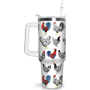 40 oz Chicken Tumbler with Handle and Straw, Boho Rooster Stainless Steel Vacuum Insulated Travel Coffee Mug Cup Water Bottle, Chicken Stuff Accessories Decor, Rooster Gifts for Women Girls