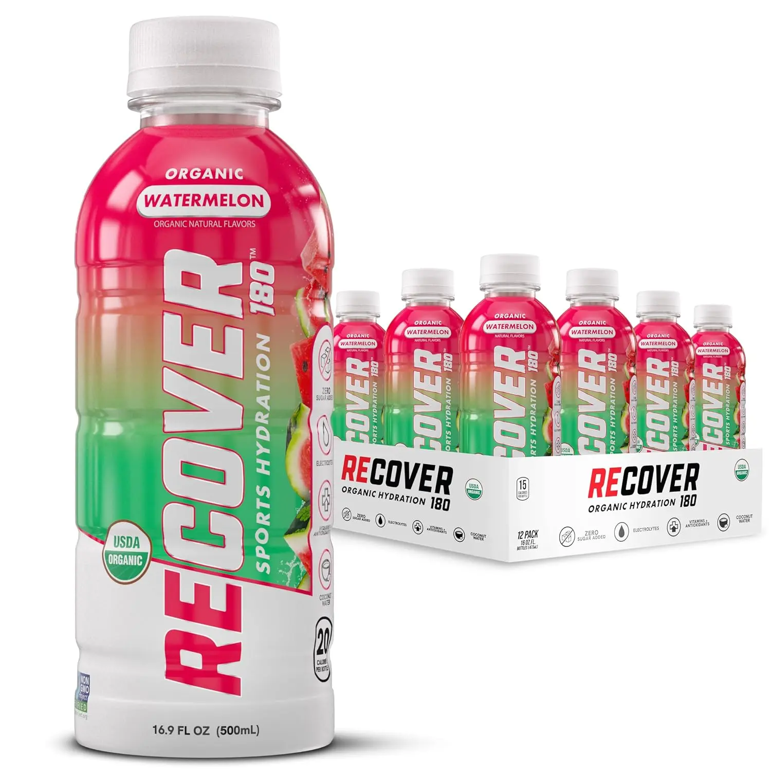 RECOVER 180 Organic Sports Hydration Drink, No Sugar Added, 20 Calorie Sports Beverage, Organic Flavors With Vitamins, Potassium-Packed Electrolytes (16.9 Fl Oz (Pack of 12), Watermelon)