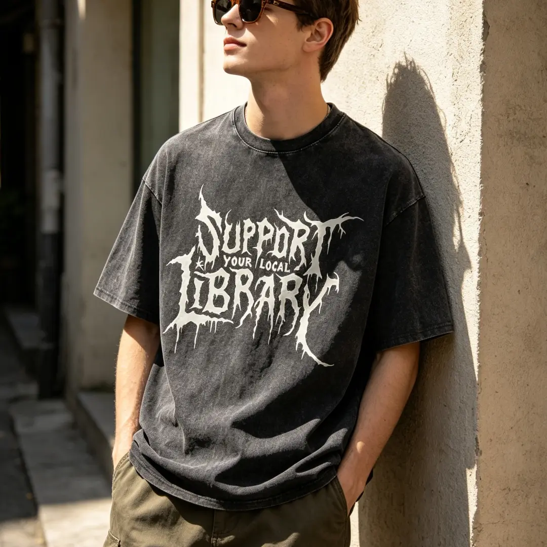Men's 100% Heavyweight Cotton Baggy Oversized Crew Neck Short-Sleeve Graphic Tee - Vintage Washed Death Metal "Support Your Local Library" Print, Dark Gothic Alternative Menswear Tops for Book Lovers, Casual Fit, Death Metal Print, Round Neck