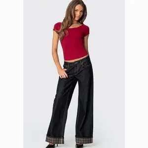 EDIKTED Plaid Cuffed Low Rise Baggy Jeans