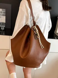 Retro   lychee pattern shoulder tote bag, niche braided rope chain pendant, casual fashion   versatile texture shoulder handbag, PU Tote Satchel, simple and multi-color optional, suitable for daily travel, shopping and dating, etc.