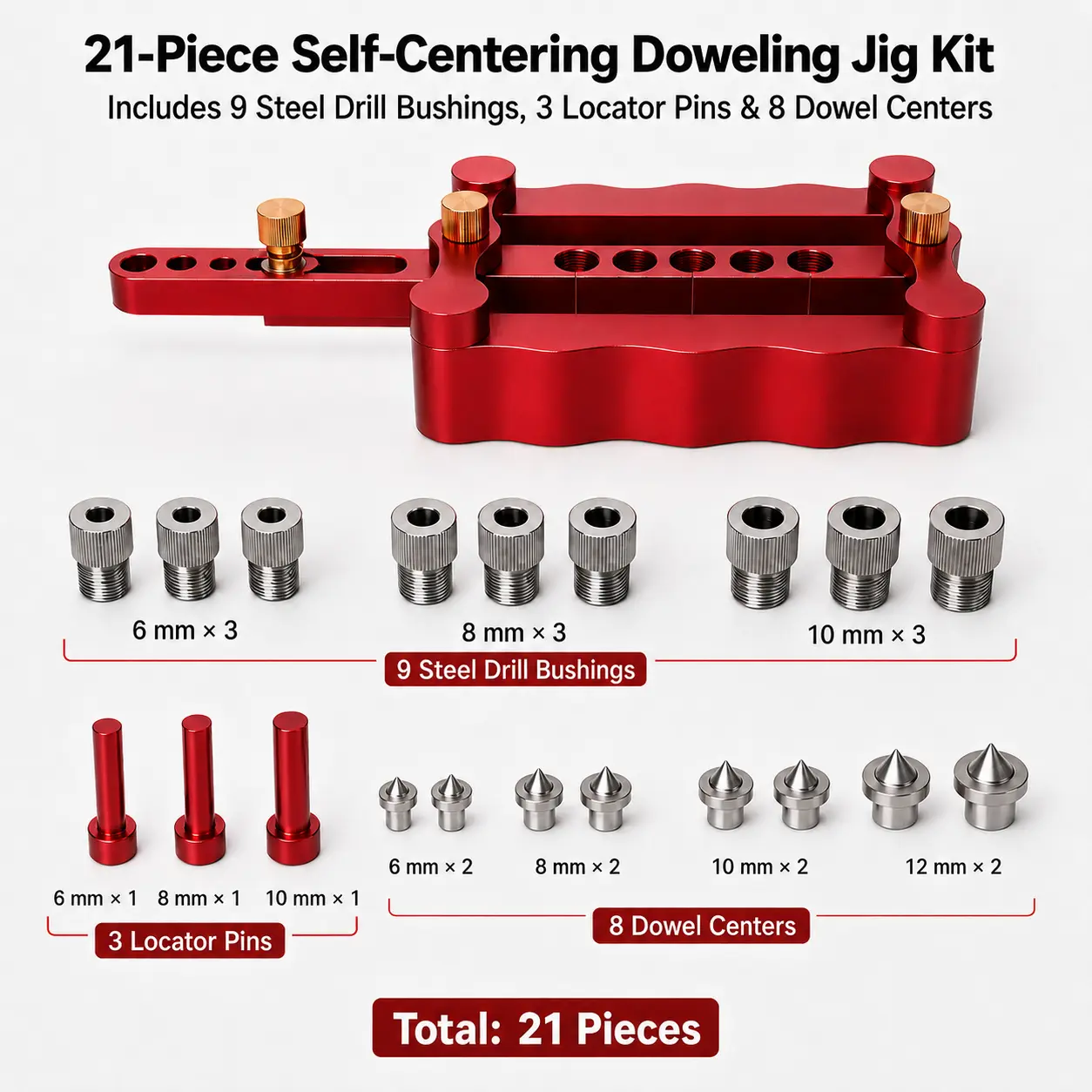 Self-Centering Doweling Jig Kit, 21 Pieces, 8 Dowel Center Points (2 x 10 mm Included), 6/8/10 mm Metric Wood Drill Guide for Wood Joinery, Cabinet Making, DIY Woodworking Projects, Kits Jig Woodworking Project, Project Kits Guide Tool Woodworking