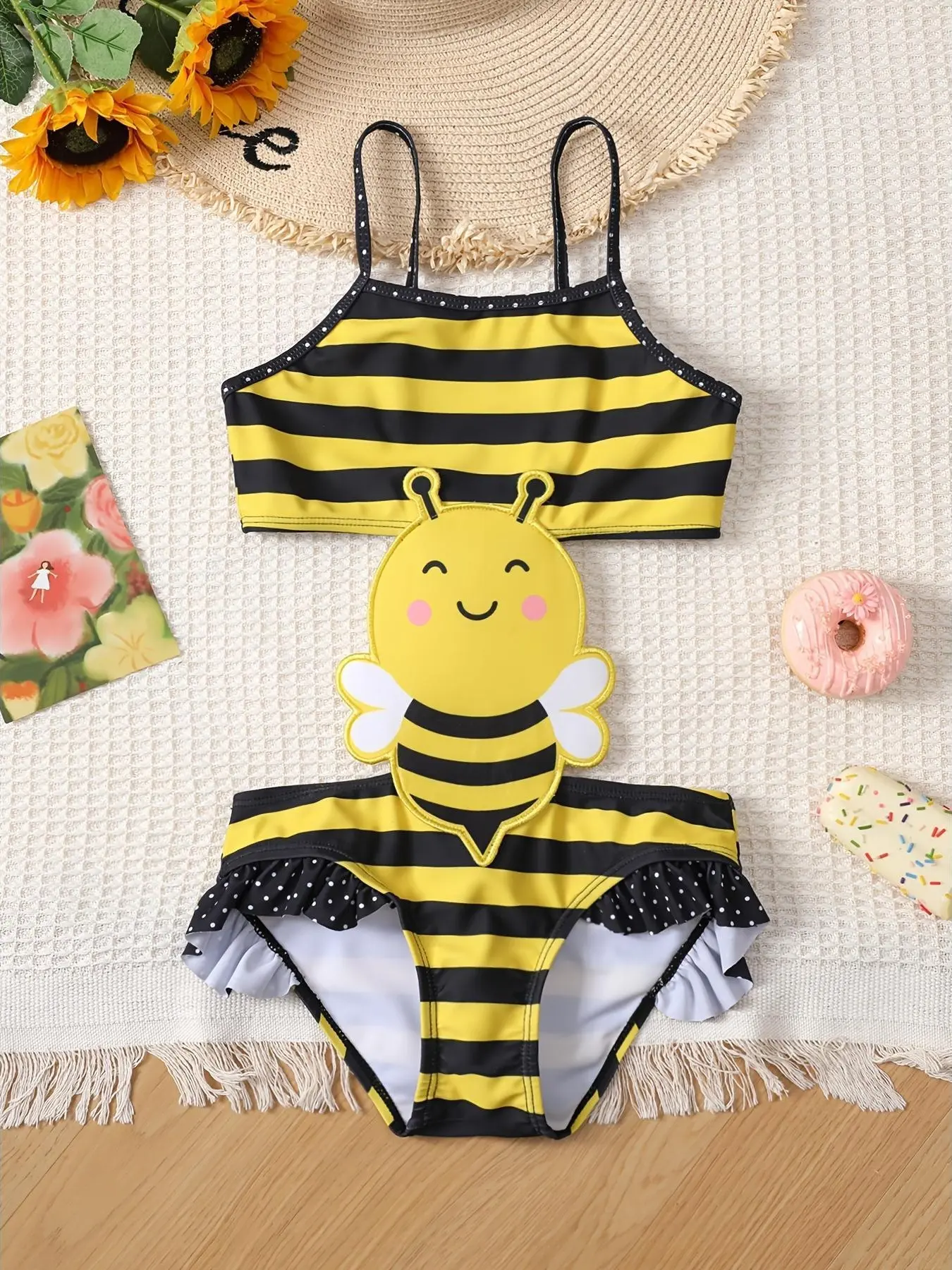 Toddler Girls' 1-Piece Tankini Swimsuit - Polyester, 3D Bee Print, Ruffled Trim, Snug Stretch, Toddler Sizes for Beach, Pool Use